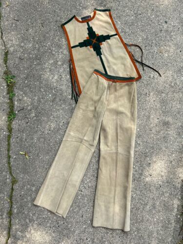 Vintage 1970s Leather Women’s Two Piece Set Top and Pants Retro Hippie 70s