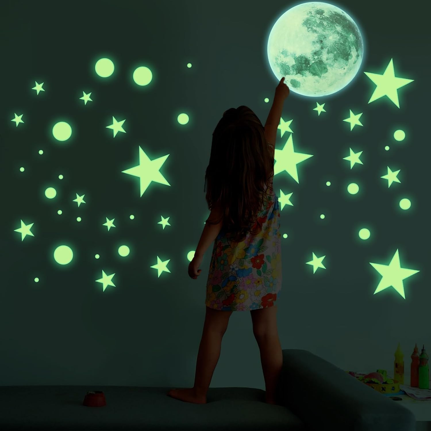 435x Selbstklebend Leuchtsterne Kinderzimmer, Leuchtend Mond Sterne Wandsticker,