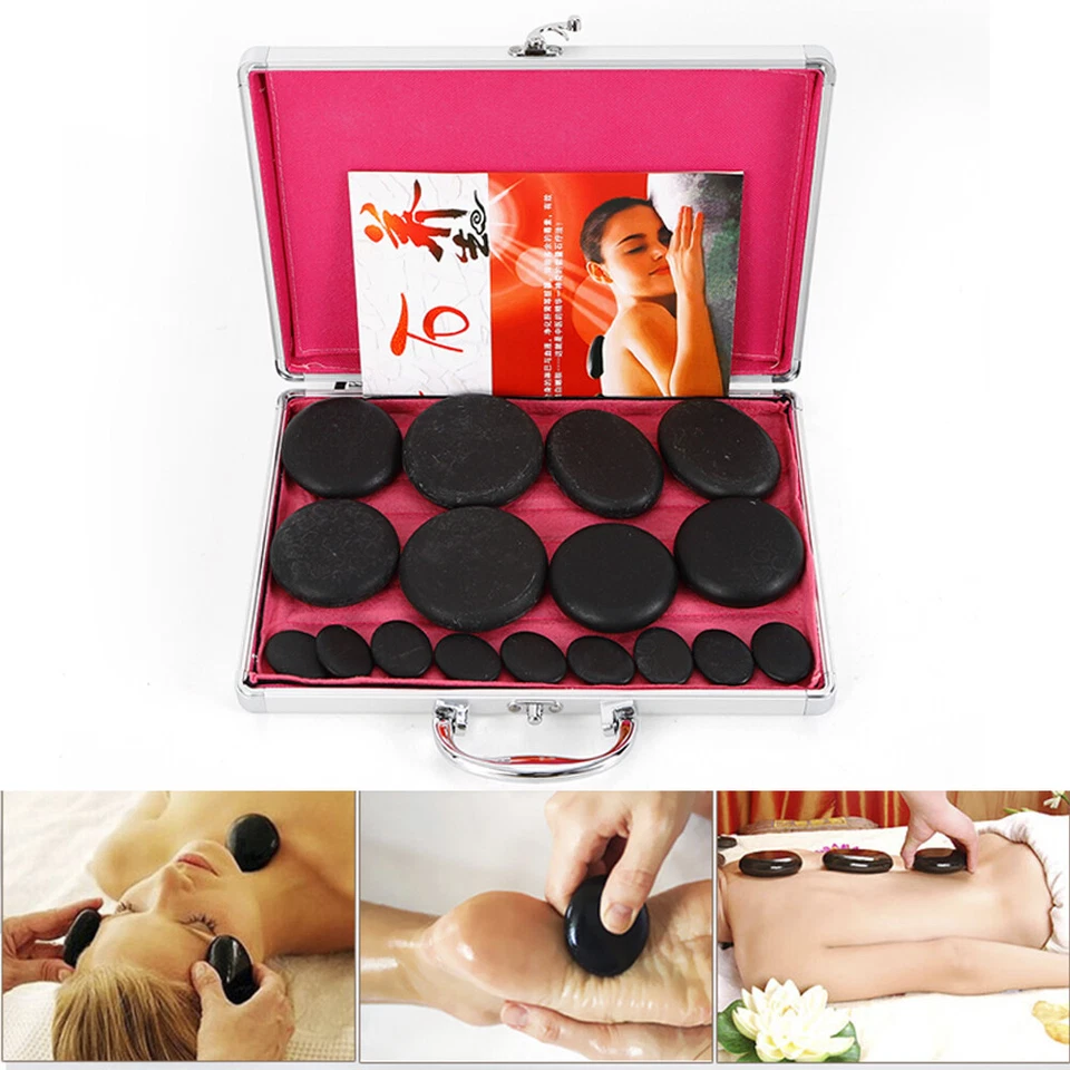 Piedras de masaje naturales 16 piezas/20 piezas piedra de basalto de roca spa caliente con caja de calentador EE. UU. Foto 3 de 4