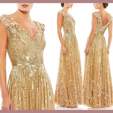 NWT Mac Duggal [ 4 ] 5223 Sequin & Floral Embellished A Line Gown in Gold #S2035