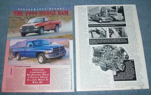 1994 Dodge Ram Pickup Trucks Road Test Info Article V10 "Performance Report"