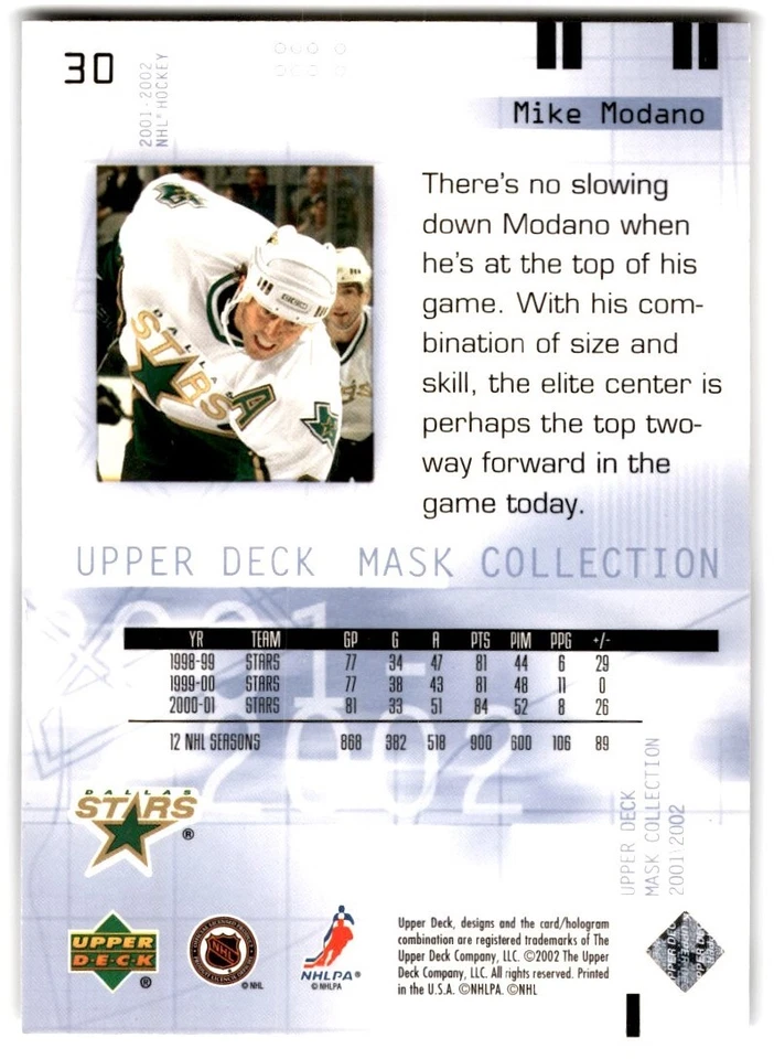 2001-02 Upper Deck Mask Collection Mike Modano #30 Dallas Stars - Image 2 of 2