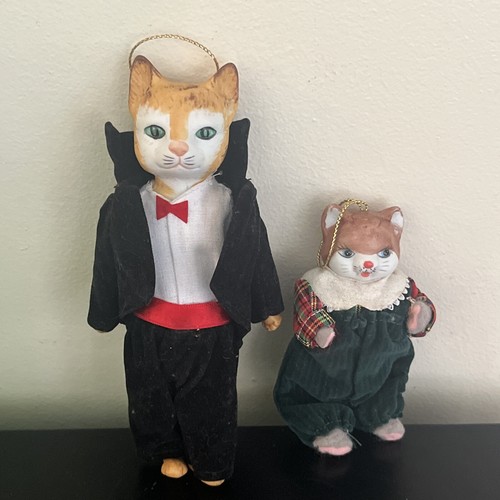 Cat Christmas Ornaments Tuxedo Cats Ceramic Face Set Vintage Anthromorphic - Picture 2 of 3