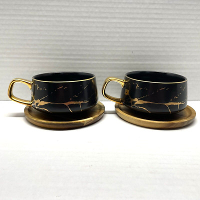 Coffeezone Luxury Gold Marble Matte Ceramic Latte Coffee Tea Cup Wood Saucer Set