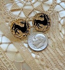 Set of 3 Vintage 1920's GALLOPING HORSE Carved Czech Glass Buttons Black & Gold