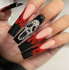 24pcs Gothic Coffin Press On Nails- Long Black Blood Drip w/ Skull Rhinestones
