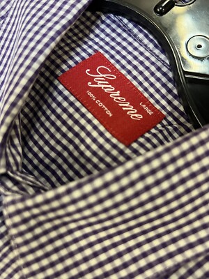 SUPREME GINGHAM PLAID 4-POCKET BUTTON-UP SHIRT PURPLE WHITE SZ L
