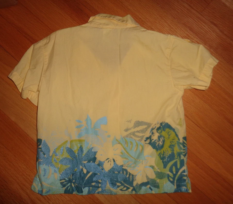 Hawaiian Shirt Boy Size 5 Yellow Green Blue Surfer Tropical Palm trees - Image 2 of 2