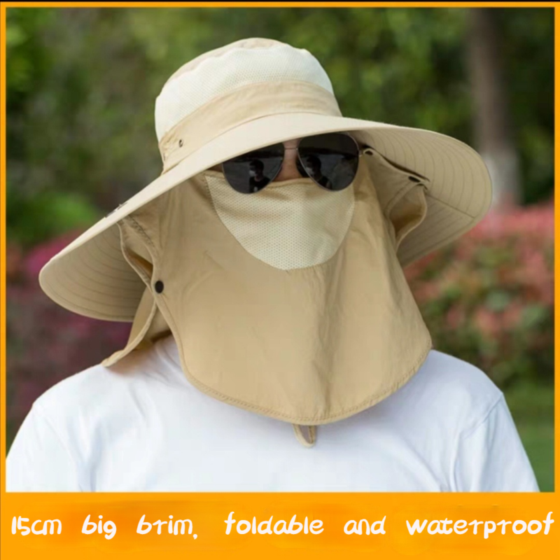 Men Boonie Hat Cotton Wide Brim Anti-UV Bucket Hat Face Cover Cap Sun Protection