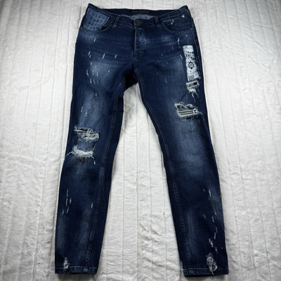 Ron Tomson Logo Graphic Distressed Jeans Men 34x30 Slim Straight Stretch Luxury