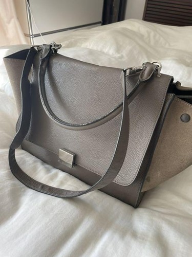 CELINE Trapecio Cuero Gamuza Bolso de Mano 2 Vías Bolso de Hombro Gris... - Imagen 5 de 10