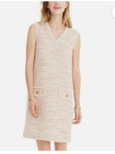 J. Crew Tweed Fringe Shift Dress Gold Button red pink white cream short 8