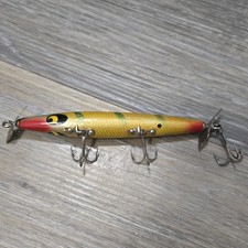 Vintage Wood Topwater Fishing Lure Yellow Green Red Black Propeller Treble Hooks