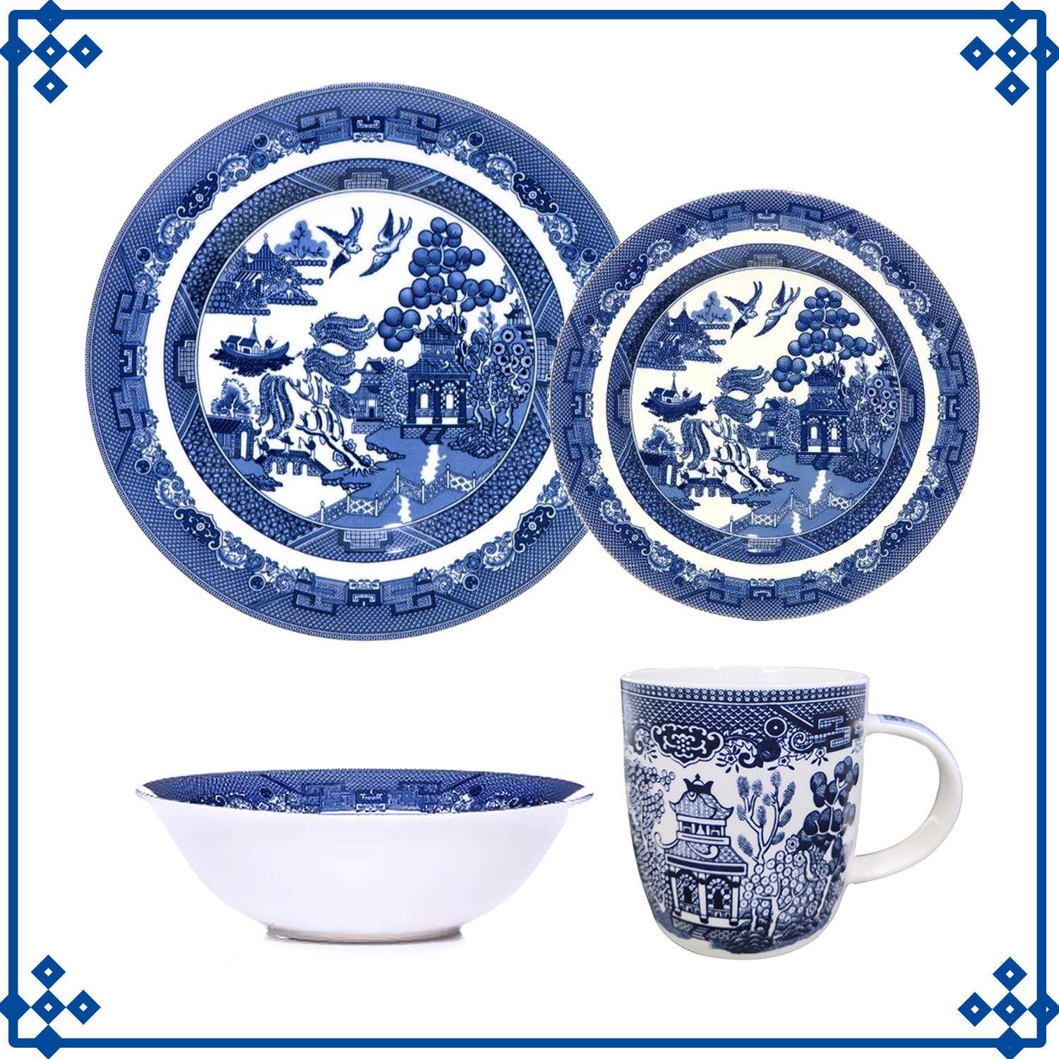 1-Serving Blue Willow Set Barrel Mug Dinner Side Plate Oatmeal Bowl Oriental