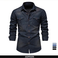 Elastic Cotton Denim Shirt Long Sleeve Quality Cowboy Shirts for Men Casual Slim