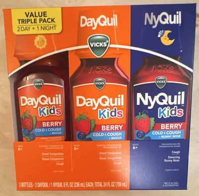 Vicks DayQuil/NyQuil Kids Berry Cold & Cough Syrup 3x8 fl oz Exp 10/2027
