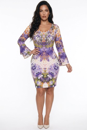 BOUTIQUE Artsy WATERCOLOR STRETCH SOFT DRESS SIZE XL, SHORT, TIERED BELL SLEEVES