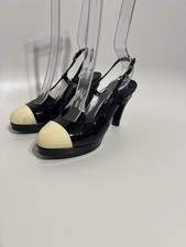 Vtg Chanel Black Bicolor Patent Leather Heels 36.5