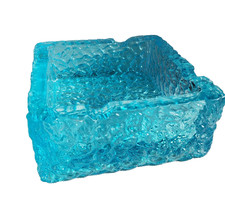 60s Davidson or Whitefriars Textured Bark Square Heavy Blue Glass ashtray 5"wide