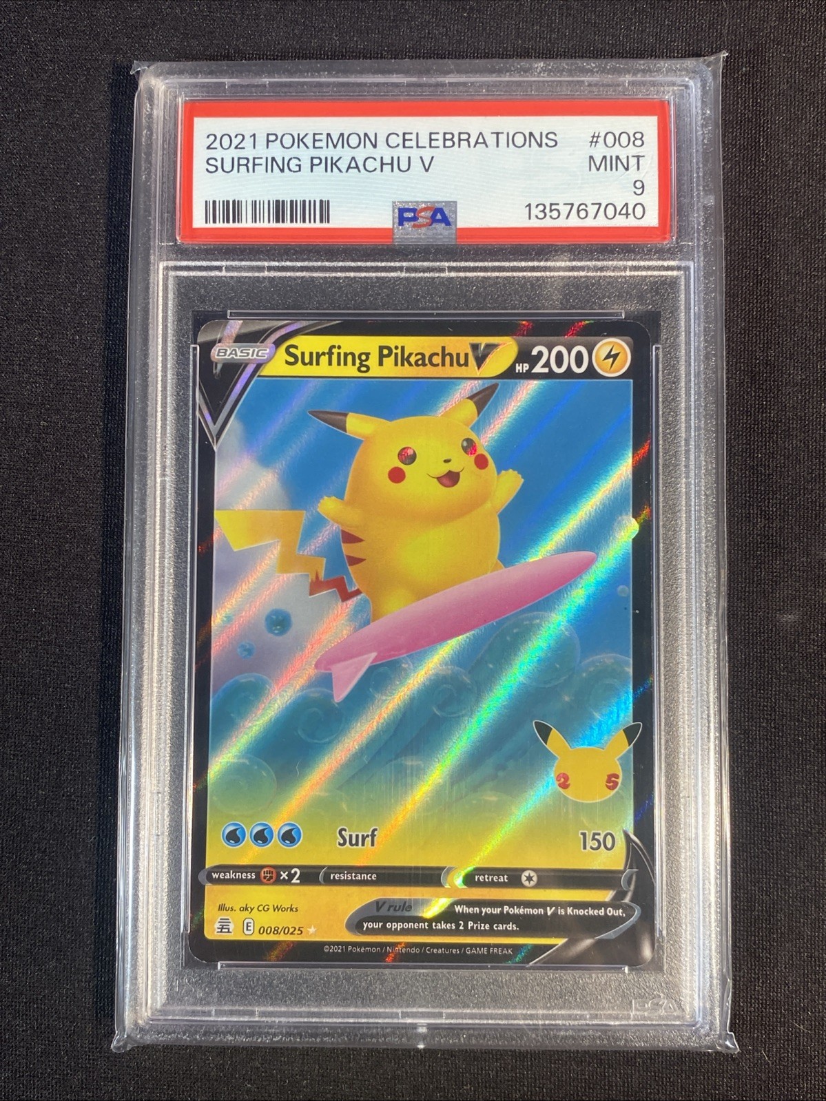 Pokémon TCG Surfing Pikachu V 008/025 Celebrations Holo PSA 9 2021 aky CG Works