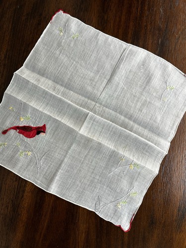 Vintage Handkerchief Hankie Embroidered Red Cardinal Bird - Picture 4 of 4