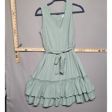 Calvin Klein Sage Green V-Neck Tiered Ruffle Hem Sleeveless Tie Waist Dress 4