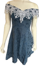 Vtg Jessica Mclintock 1980's Gunne Sax Blue Jaquard Mini Party Dress Lace Sz 7/8