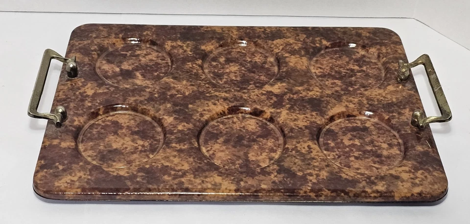Vintage Kraftware Vinyl Drink Tray w/Metal Handles Molded Spaces Brown Marbled - Image 2 of 4