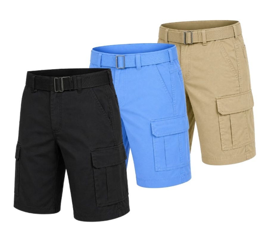  Men's Cotton Stretch Twill Cargo Shorts with Belt (3-Pack)