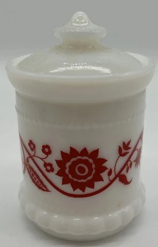 Vintage Hazel Atlas Milk Glass Spice condiment Jar with Lid red sweet pea  4"
