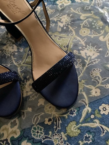Jewel Badgley Mischka Zapatos Correas Sandalia Azul Marino con Secuencia 3” Tacón Bloque Usado 1X - Imagen 3 de 9