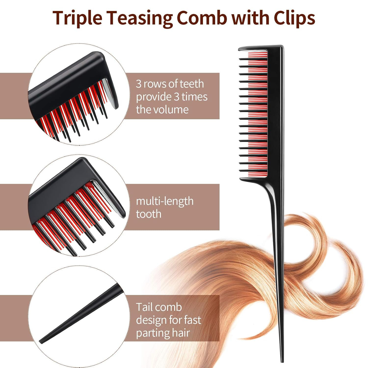 3 Pcs Hair Teasing Comb Set Includes 2 Nylon Triple Comb and Boar Bristle Teaser