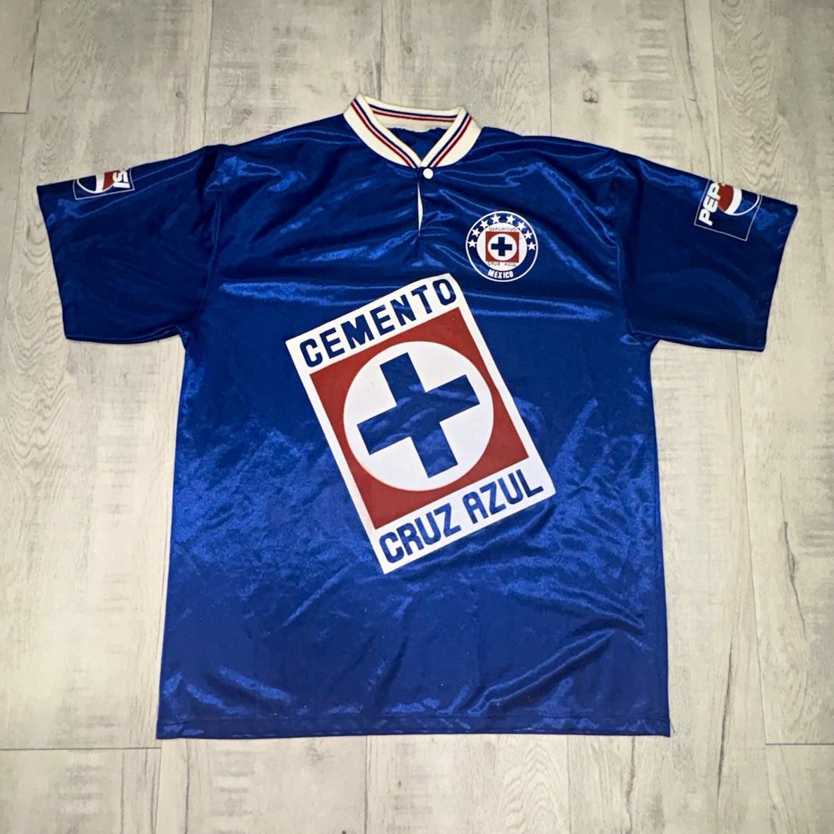 Vintage Cruz Azul Jersey #15 Palencia Cemento Pepsi Mexican Soccer Jersey Blue L