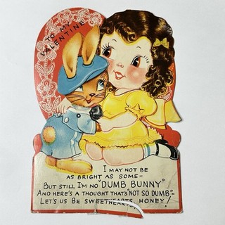Vintage 40’s Valentine Kitsch Dumb Bunny Girl Kids Die Cut Mechanical Moving LG