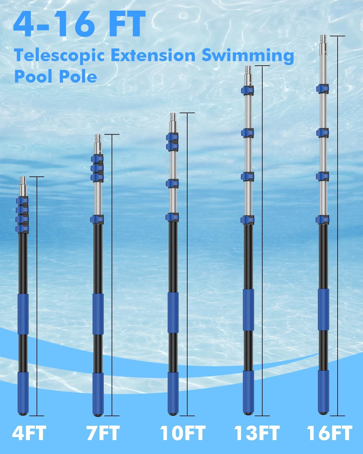 Pool Pole Telescopic 16FT Heavy Duty Upgraded Aluminum, 16 Ft Extension/Exten...
