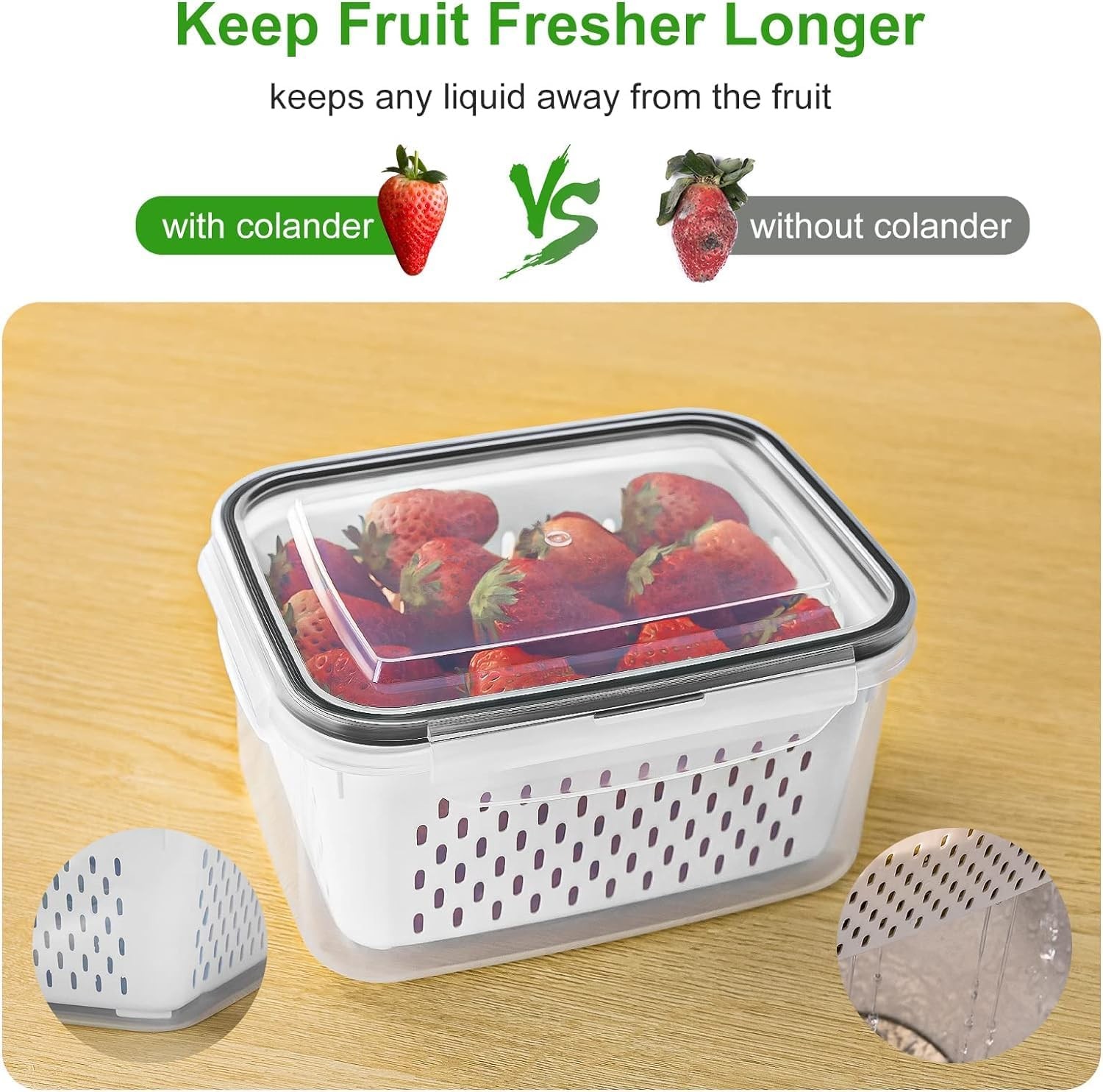 Fruit Storage Containers for Fridge with Colander 4PCS Airtight Produce Saver