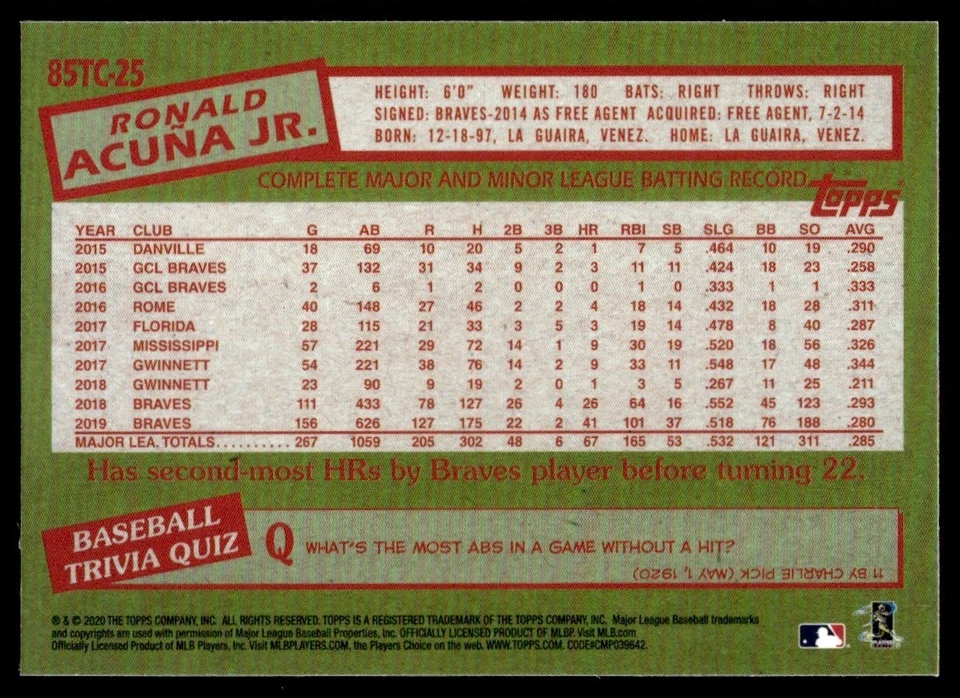 2020 Topps Chrome 1985 Baseball Ronald Acuña Jr. Atlanta Braves #85TC-25 - Image 2 of 2