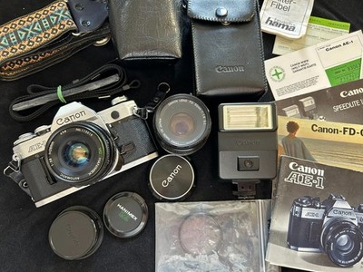 Canon AE-1 Spiegelreflexkamera + 50mm f1.8 + 28mm f2.8 + Speedlite 155A Sehr Gut