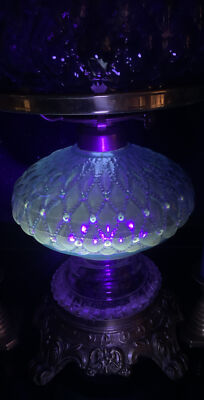 Vintage Fenton Blue Glass Diamond Quilted Oil Lamp With Shade