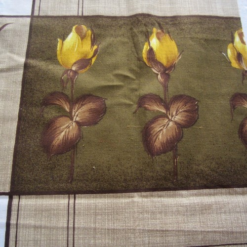100cm x 118cm Yellow Rose Bud Brown Check Cotton Vintage Curtain Fabric 1950s - Picture 6 of 6