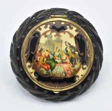 1930's Bakelite Powder Compact - Art Deco, Victorian Scene, Swirl Edge