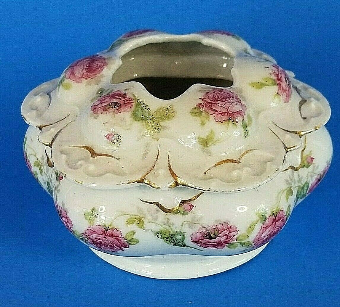 Hair Receiver Porcelain M Z Austria Pink Roses Gold Trim Pattern