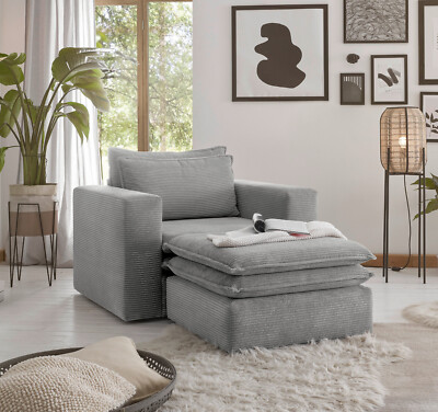Sessel Set in hellgrau Cord Loungesessel inklusive Hocker Relaxsessel Pesaro