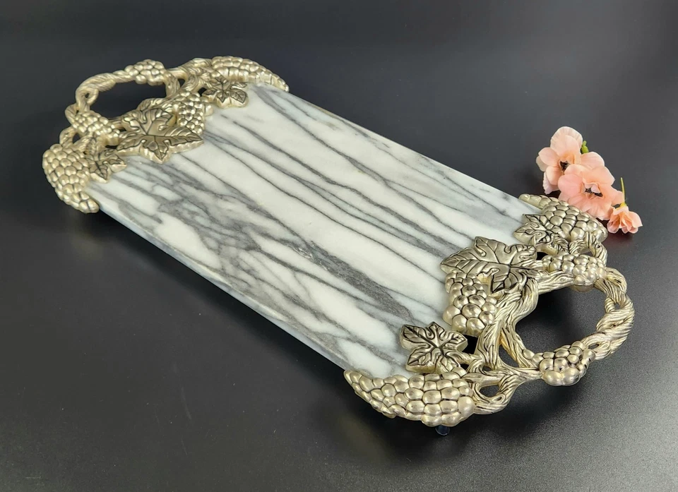 Vintage Godinger Silver Art Co. - 18.5" - Rectangle Tray - Marble & Silver Tray - Image 2 of 4