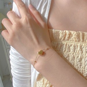 Authentic Woman 18K Gold Plated Station Beaded Heart Bracelet Bangle Cuff