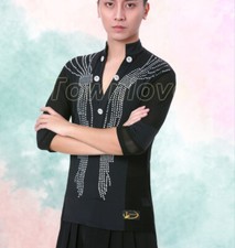 Fashion Mens Salsa Costume Ballroom Competition T Shirt Latin Dance Dress Tops