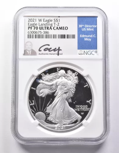 PF70 UCAM 2021-W American Silver Eagle Landing T-2 Moy Signed NGC *8623