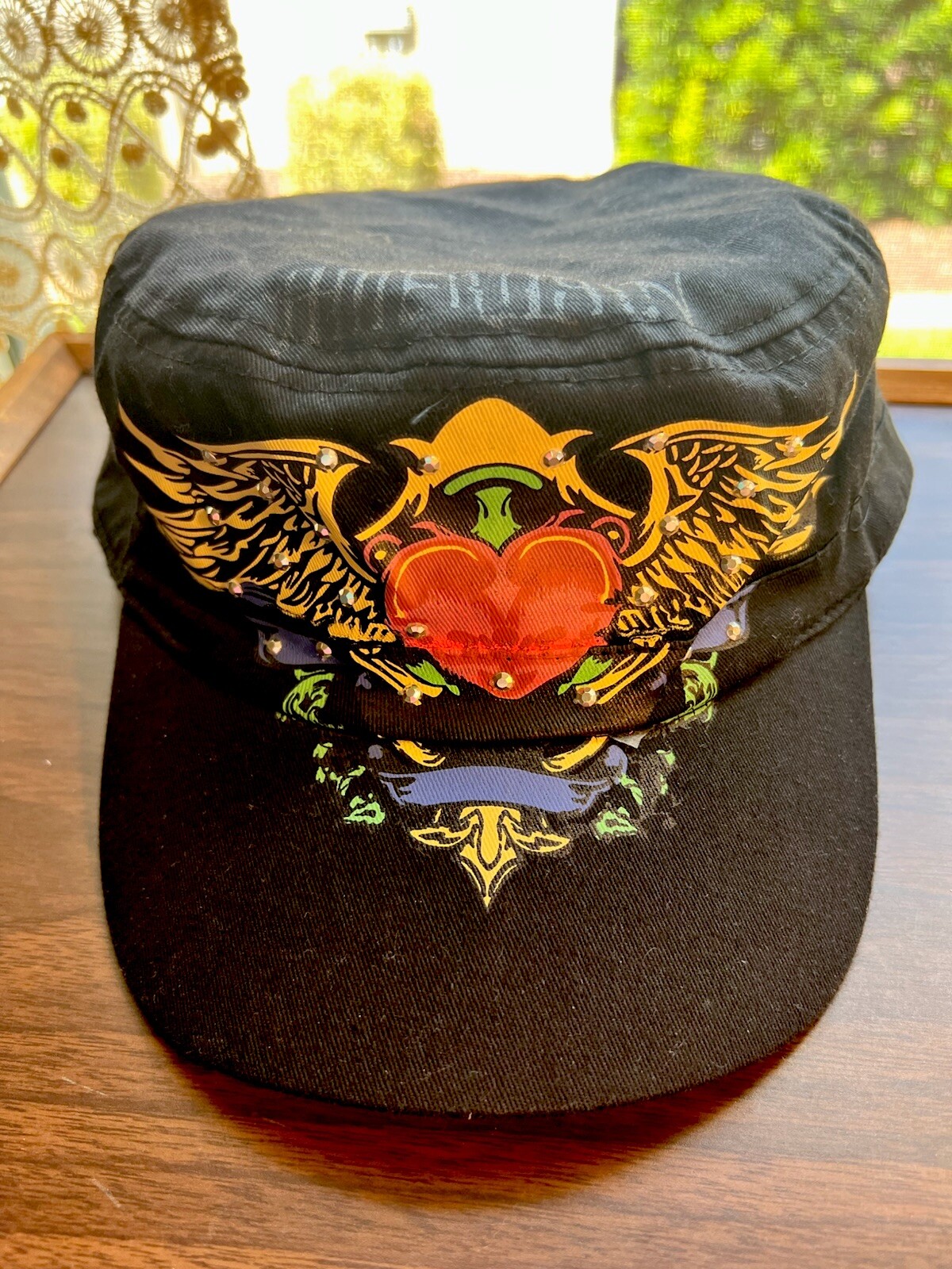 American Tattoo Black Hat with Clear Rhinestones and Eagle Heart Baseball Cap Design