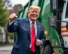 PRESIDENT DONALD TRUMP SMILING BY GARBAGE TRUCK COMICAL 8X10 AI PHOTO