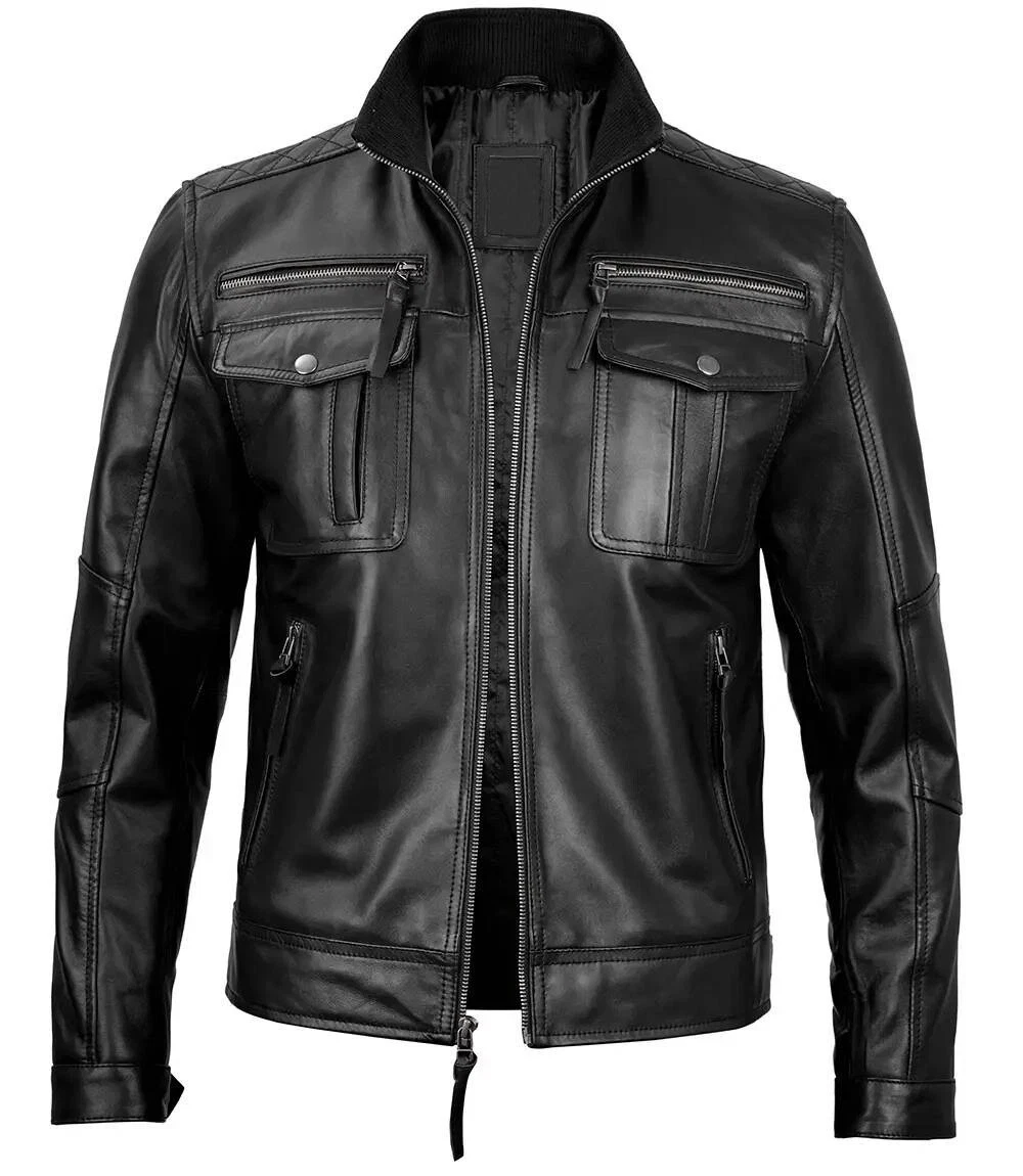 Men’s Black Vintage Genuine Leather Cafe Racer Motorcycle Biker Jacket